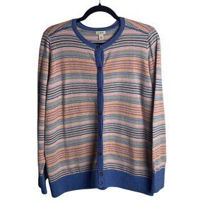 Ll Bean Size L Button Front Cardigan Sweater Colorful Stripes Cashmere Cotton